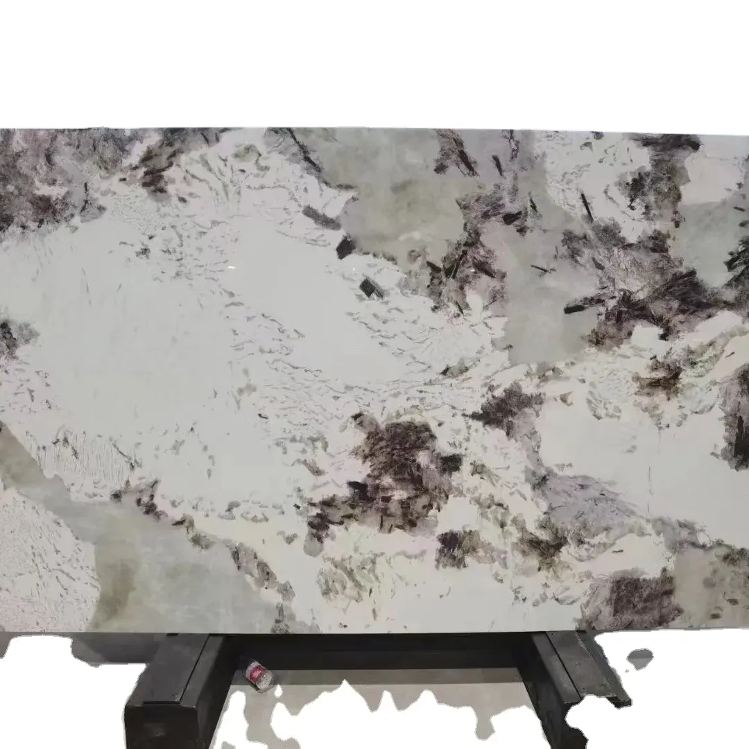 Vanité en quartzite patagonie blanche et panneaux de contre-jour muraux pour salle de bain dalles de verre imprimées en 3D livre match stone