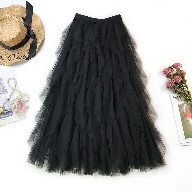 Wholesale New Fashion Long Skirt Tulle Irregular Layer High Waist Mesh Ruffles Womens Long Skirts