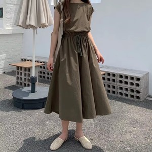 Abito lungo casual senza maniche con coulisse in vita a trapezio da donna, tinta unita, estivo, per vacanze, vestito midi da donna, vestibilità ampia, all'ingrosso - Product Image 5
