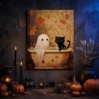 Tableau mural toile Halloween automne : Fantôme et chat noir dans la baignoire – Décoration vintage chaleureuse pour salle de bain, impression encadrée, décor mignon et effrayant