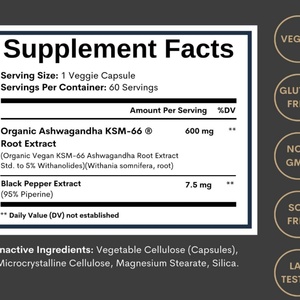 Cápsulas de Extracto de Ashwagandha KSM 66, Suplementos Herbales, Raíz y Semillas, en Bolsa, Botella o Lata, Entrega Rápida de Fábrica - Product Image 4