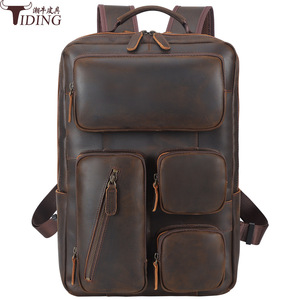 Tiding Genuine Leather <b>Backpack</b> Dark <b>Brown</b> Laptop Compartment Men's Outdoor Travel <b>Backpack</b> - Product Image 1