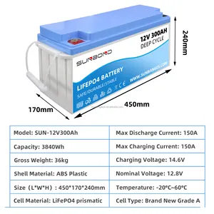 SUNBOND-batería de iones de litio recargable, 12V, 300Ah, 12v, 200ah, Lifepo4, para yate, autocaravana, Solar