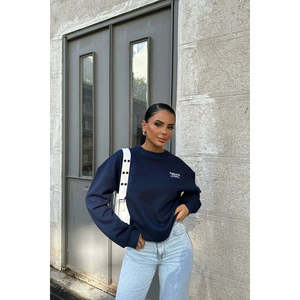 Sweat-shirt en soie bleu marine pour femme avec design brodé en 3D, col montant, fermeture éclair, taille XS pour l'hiver - Product Image 3