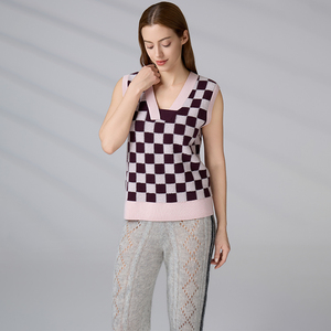 Gilet en tricot à carreaux pour femme, en laine et cachemire de luxe, style color block, col en V, sans manches, style preppy - Product Image 3