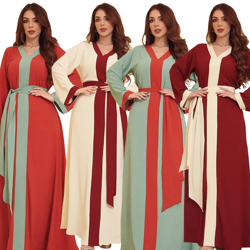 Mq018 vestido longo com cinto médio, vestido islâmico para mulheres, vestido de patchwork, estilo dubai abaya