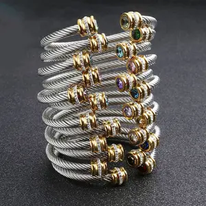 Stainless Steel Zircon Birthstone Cuff Open Bracelet Crystal David Style Twisted Cable Cuff Bangle Colored Bracelet