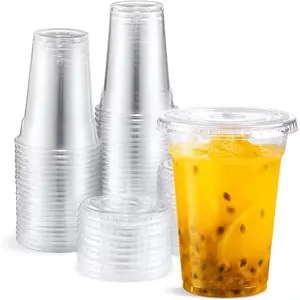 Fabricants chinois de jus de boisson froide, café, gobelets en plastique jetables transparents imprimés de logo personnalisé avec couvercles