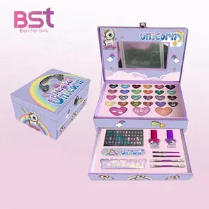 Birthday Gifts Makeup Set For Girls 2 Layers Purple Craft Box Cases Eye Shadow Nail Polish Lip Stick Make Up Kit For Kids