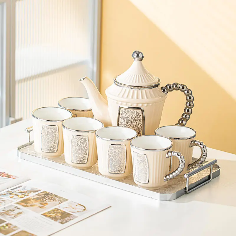 Lüks gümüş kaplama porselen çaydanlık tepsi kemik çay bardağı çin çayı Set ile 7 adet