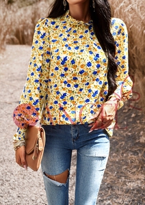 KISS ME ANGEL printemps et été tempérament trajet lanterne manches plissé imprimé fleuri à manches longues chemise ample <span class=keywords><strong>reine</strong></span> de bureau - Product Image 2
