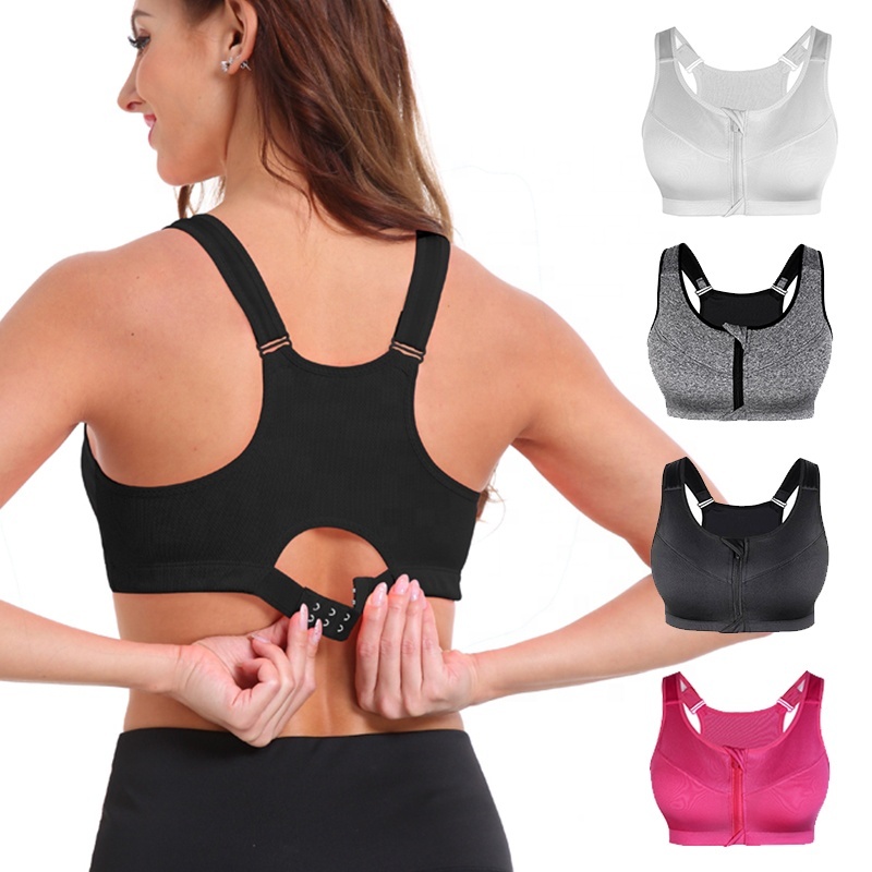Plus Size Wirefree Beauty Back Fit Workout Sujetador Deportivo High Impact Sports Bras Crop Top Front Zipper Yoga Bra for Womens
