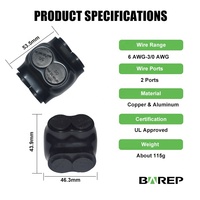Connecteur de câblage électrique rapide à basse tension Barep 3/0-6AWG 600V homologué UL, 2 ports, noir, à raccordement mécanique, isolé en PVC