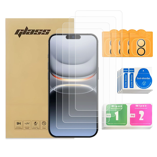 4 Pack Hight Quality Screen Protector Tempered Glass + Camera Lens Protectors for Iphone17 16 15 14 13 12 Cell Phone Accessories
