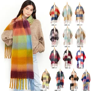 Winter Women Fringed Striped Knitted Pashmina Scarf Oversized Blanket Checked Scarves Wraps With Tassel