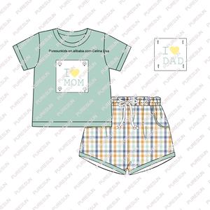 Puresun personnalisé été enfants vêtements plaid bébé garçons tenues enfant en bas âge garçon j'aime maman papa short ensemble pour 0-12 ans - Product Image 1