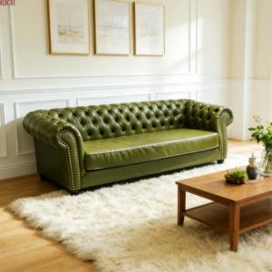 Divano a 3 Posti in Stile Retrò Europeo Mid-Century Moderno in Pelle PU e Legno Massello per Casa, Villa, Appartamento, Soggiorno, Bar, Club, Hotel - Product Image 4