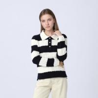Jersey de punto con bloques de color para mujer, suéter de punto, cuello Polo de lana 100%, diseño de manga larga, Tops de lana Premium