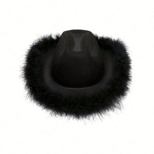 Chapeaux de cowgirl de style occidental pour femmes et filles, chapeau Fedora à bord roulé, bordure en plumes, rose, chapeaux de cowgirl - Product Image 6