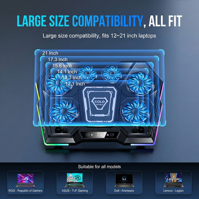 RGB USB Gaming Laptop Cooler Stand Fan Device 11-17.3 Inch Aluminum Plastic Air-Cooled Six Fans-Stock Product