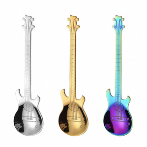 Cuillère à café créative en forme de guitare avec petit miroir en acier inoxydable 304 pour fête, café, gâteau, dessert, barres musicales - Product Image 1