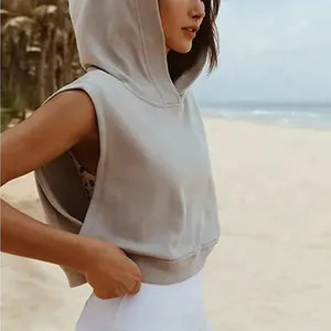 High quality custom gym crop top hoodie summer workout sleeveless hooded cotton cropped women's hoodie