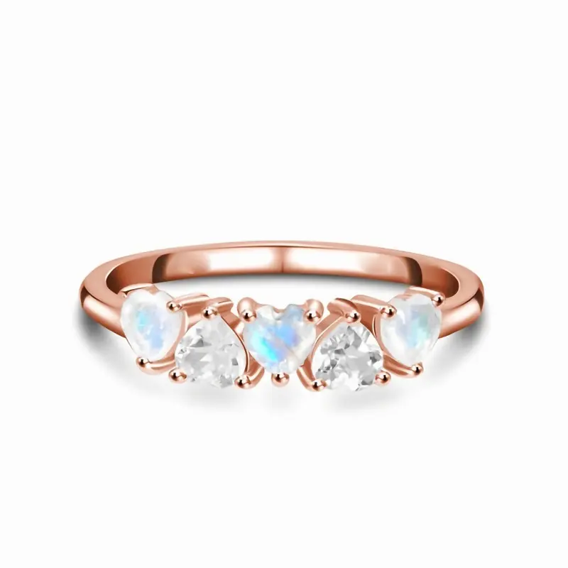 Wholesale Price Girls Rose Gold Ring S925 Nature Gemstone Jewelry Rainbow Moonstone Heart Shape Dainty Rings Cute Gift