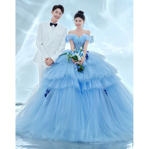 Blue Tulle Ball Gown Wedding Dress Sweetheart Neckline Empire Waistline For Indoor Photo Studio Shooting - Product Image 1
