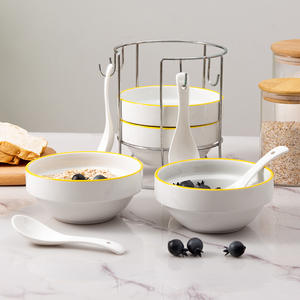 Juego de tazones nórdicos de cerámica blancos de 5.5 pulgadas con cuchara para servir ensaladas y desayunos, para uso doméstico en la cocina. - Product Image 1