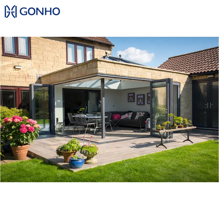 GONHO Aluminum Patio Exterior Sliding Bifold Double Tempered Glass Soundproof House Folding Glass Doors