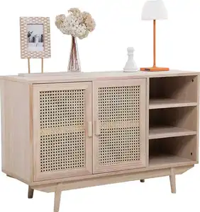 Storage Cabinet With 2 Rattan Doors 3 Shelves Modern Accent Cabinet Sideboard Buffet Cabinet For Living Room Dining Room