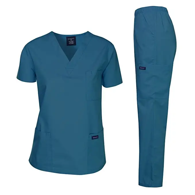 Bayan medya fırçalayın üst moda renkleri tasarımları streç üniforma takım elbise setleri kadın hemşire tıbbi Scrubs rahat