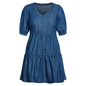 2024 <span class=keywords><strong>Vestido</strong></span> <span class=keywords><strong>vaquero</strong></span> de algodón plisado para <span class=keywords><strong>mujer</strong></span> deshilachado costero escalonado no elástico drapeado verano delantal técnica lavada - Product Image 2