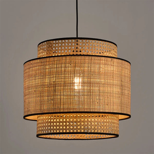 Lustre en rotin et bambou tressé de style japonais Guyue Lighting Factory, trois niveaux, lumière chaude 3000K, pour chambre et salon - Product Image 1