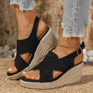 Women Summer European and American Style Hemp Rope Bottom Cross Strap Wedge <b>Sandals</b> Thick Sole Platform Hollow Roman <b>Sandals</b> - Product Image 1