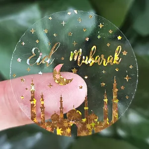 Islam Gold Stamping Foil Transparent Labels Ramadan Eid Mubarak Shiny Stickers For Muslim Party Decoration