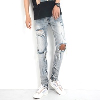 Jeans déchirés décontractés pour hommes, coupe slim, style motard, skinny, rock, en denim