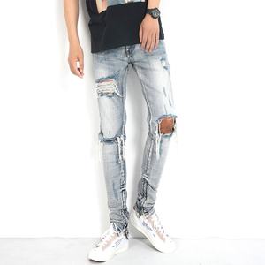 กางเกงยีนส์ผู้ชายลำลองสไตล์ดิสเทรส กางเกงเดนิมทรงสลิมแบรนด์ดัง กางเกงยีนส์ไบค์เกอร์ทรงสกินนี่ ขาดๆ แบบร็อค - Product Image 2