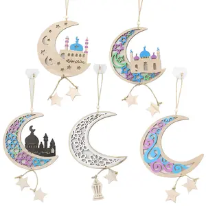 Eid Mubarak 나무 펜던트 모슬린 라마단 파티 장식 용품 이슬람 축제 선물 이벤트 장식 수공예품
