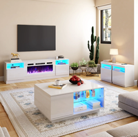 Ensemble de table de salon de luxe 4 pièces très brillantes avec support de télévision inclus avec cheminée à LED Table basse 2 tables d'appoint avec bandes à LED