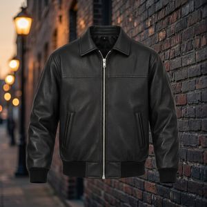 Blouson bomber en cuir PU noir pour homme, fermeture éclair, col rabattable, vêtement d'extérieur décontracté pour l'automne - Product Image 2