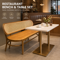 Holzbank-Esstisch-Set mit Stühlen und Tischen für Restaurants, mit Rattan-Rückenlehne, Weißer Marmortisch, Goldener Sockel, Gewerbliche Qualität