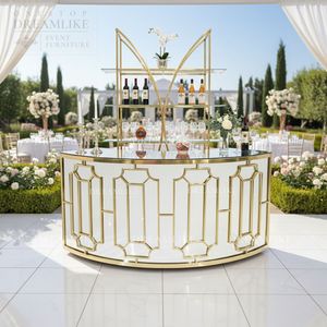 Comptoir de <span class=keywords><strong>bar</strong></span> circulaire moderne en métal doré avec plateau en verre blanc pour événements de luxe, mariages, locations et vente en gros - Product Image 3