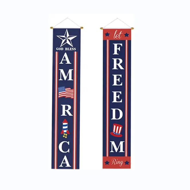 4th of July Porch Sign Patriotic Door Decoration -Let FREEDOM Ring and GOD BLESS AMERICA, Hanging Banner Flag