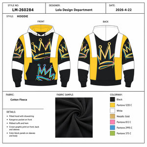 <span class=keywords><strong>Sudadera</strong></span> con Capucha para Hombre, Diseño de Corona con Estampado de Grafiti, Color Principal Negro, Bloques de Color Amarillo/Blanco, Estilo Urbano, <span class=keywords><strong>Sudadera</strong></span> de Algodón, OEM ODM - Product Image 6