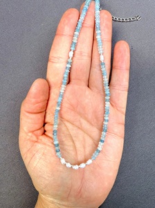 Collier personnalisé vintage géométrique plaqué or 18 carats avec perles d'imitation et pierre précieuse bleue, fait main, unisexe, bijou d'été, cadeau - Product Image 4
