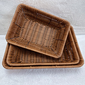 Rectangular Imitation Rattan <b>Storage</b> <b>Basket</b> Plastic Handmade Stackable For Snack Shop Pastry Display - Product Image 1