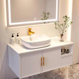 Meubles de salle de bain en bois massif blanc moderne, design gratuit d'usine, meubles de salle de bain à poser au mur, lavabo simple - Product Image 3