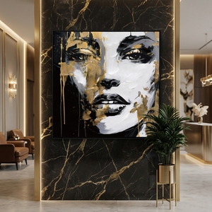 Peinture abstraite peinte à la main en noir et blanc avec accents <span class=keywords><strong>de</strong></span> feuille d'or, art mural contemporain texturé, peinture sur toile imprimée - Product Image 1