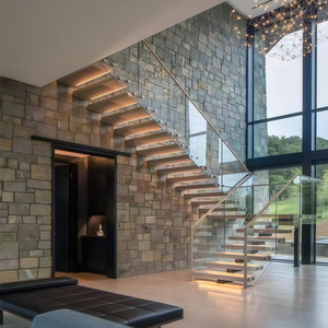 Fancy Glass lan can cầu thang thép cầu thang thiết kế hiện đại gỗ cứng Tread trong nhà kính cầu thang cho tiền sảnh - Product Image 1